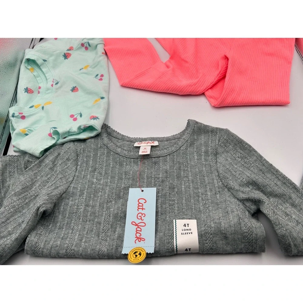 Cat & Jack Girls 3pc Bundle Ribbed Top Leggings Fruit Tee Grey Pink 3T 4T 5T NWT
